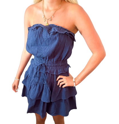 Navy Ruffle Delight Strapless Dress