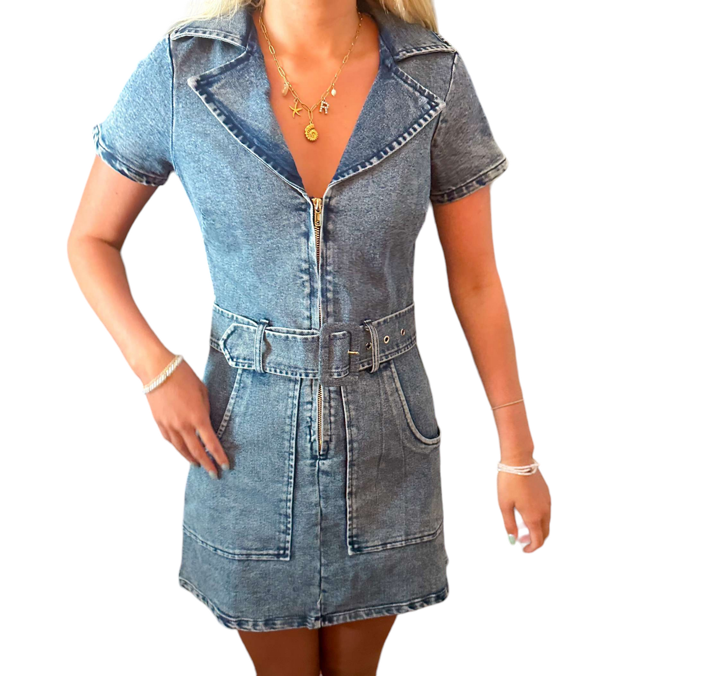 Belted Denim Concert Dress with Zipper Front