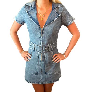 Belted Denim Concert Dress with Zipper Front