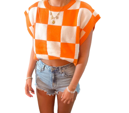 Orange & White Checkered Game Day Sweater