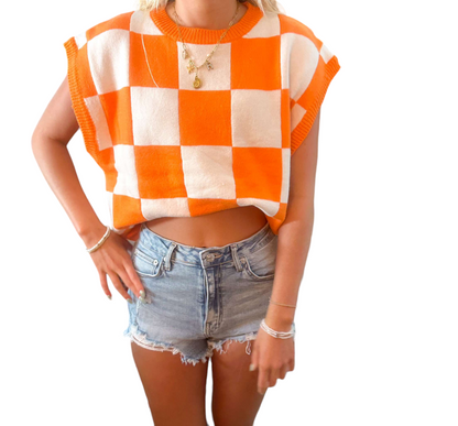 Orange & White Checkered Game Day Sweater