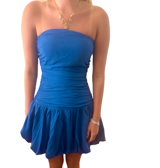 Vibrant Celeste Blue Strapless Bubble Mini Dress