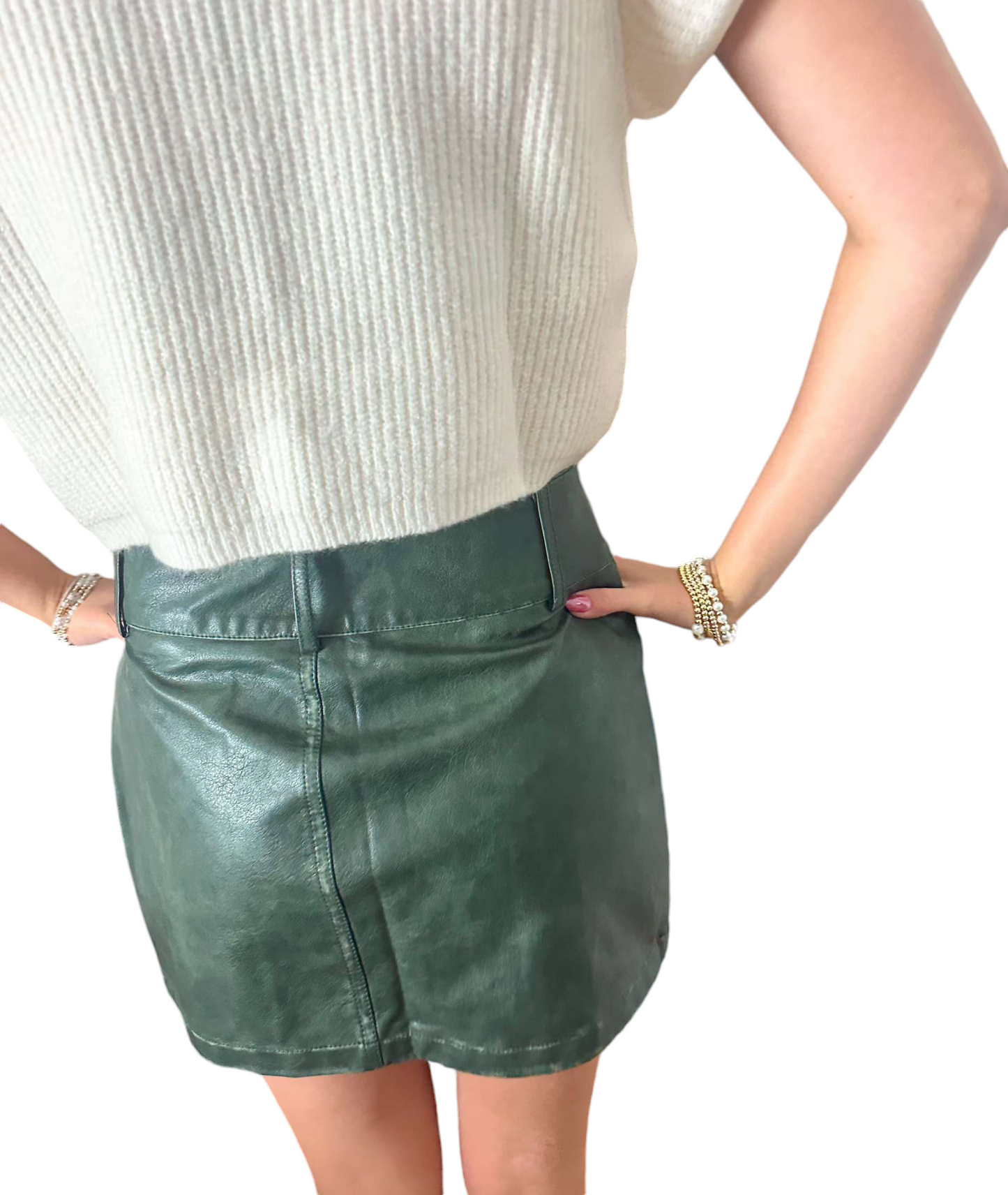 Green Luxe Belted Mini Leather Skirt Preppy Palette Boutique