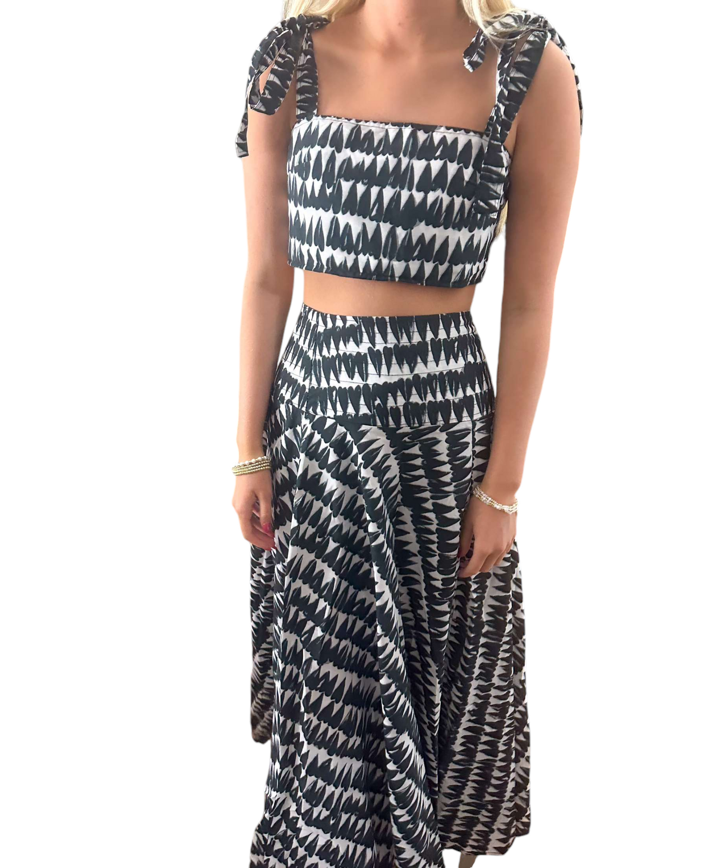 Game Day Glam: Black & White Maxi Skirt and Crop Top Set