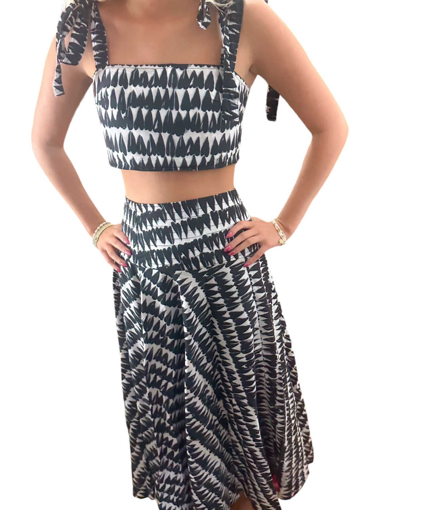 Game Day Glam: Black & White Maxi Skirt and Crop Top Set