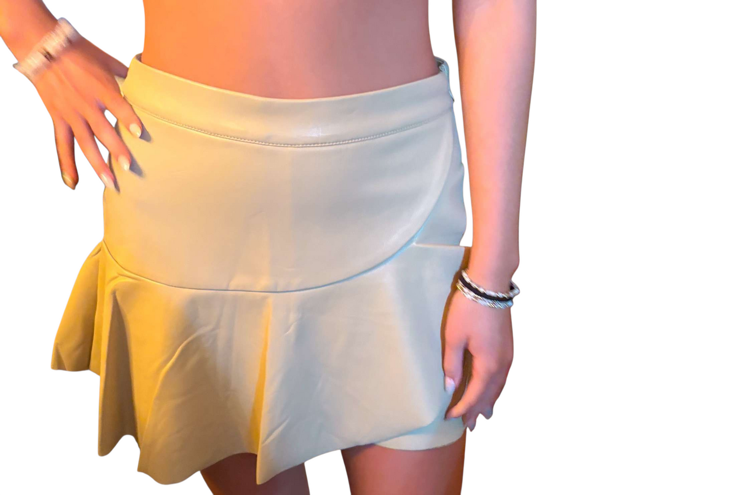 Cream Ruffled Faux Leather Skort by Sara
